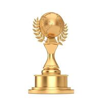 Golden Award Trophy with Golden Earth Globe and Laurel Wreath. 3d Rendering photo