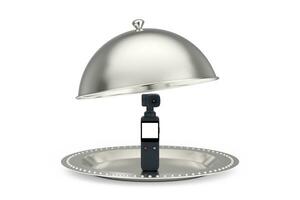 Silver Restaurant Cloche with Pocket Handheld Gimbal Action Camera. 3d Rendering photo