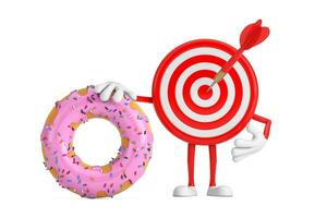 Archery Target and Dart in Center Cartoon Person Character Mascot with Big Strawberry Pink Glazed Donut. 3d Rendering photo