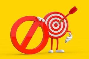 Archery Target and Dart in Center Cartoon Person Character Mascot with Red Prohibition or Forbidden Sign. 3d Rendering photo