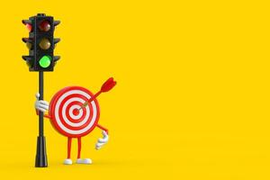 Archery Target and Dart in Center Cartoon Person Character Mascot with Traffic Green Light. 3d Rendering photo