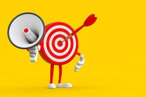 Archery Target and Dart in Center Cartoon Person Character Mascot with Red Retro Megaphone. 3d Rendering photo