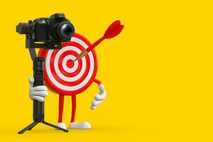Archery Target and Dart in Center Cartoon Person Character Mascot with DSLR or Video Camera Gimbal Stabilization Tripod System. 3d Rendering photo