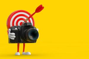 Archery Target and Dart in Center Cartoon Person Character Mascot with Modern Digital Photo Camera. 3d Rendering