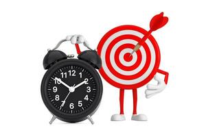 Archery Target and Dart in Center Cartoon Person Character Mascot with Alarm Clock. 3d Rendering photo