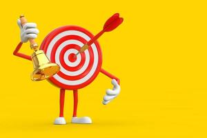 Archery Target and Dart in Center Cartoon Person Character Mascot with Vintage Golden School Bell. 3d Rendering photo