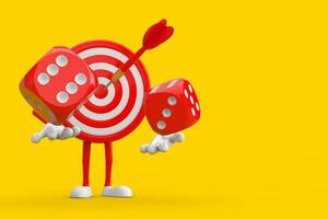 Archery Target and Dart in Center Cartoon Person Character Mascot with Red Game Dice Cubes in Flight. 3d Rendering photo