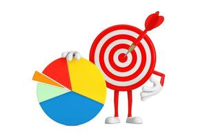 Archery Target and Dart in Center Cartoon Person Character Mascot with Info Graphics Business Pie Chart. 3d Rendering photo