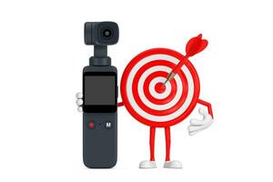 Archery Target and Dart in Center Cartoon Person Character Mascot with Pocket Gimbal Action Camera. 3d Rendering photo