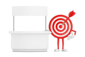 Archery Target and Dart in Center Cartoon Person Character Mascot near Blank Promotion Stand with Free Space for Your Design. 3d Rendering photo