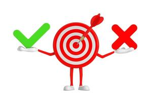 Archery Target and Dart in Center Cartoon Person Character Mascot with Red Cross and Green Check Mark, Confirm or Deny, Yes or No Icon Sign. 3d Rendering photo