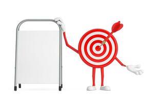 Archery Target and Dart in Center Cartoon Person Character Mascot with White Blank Advertising Promotion Stand. 3d Rendering photo