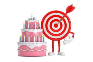 Archery Target and Dart in Center Cartoon Person Character Mascot with Birthday Cartoon Dessert Tiered Cake and Candles. 3d Rendering photo