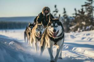 AI generated A dog breeder training a Siberian Husky on a frosty tundra plain photo