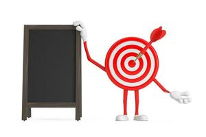 Archery Target and Dart in Center Cartoon Person Character Mascot with Blank Wooden Menu Blackboards Outdoor Display. 3d Rendering photo