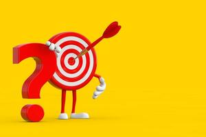 Archery Target and Dart in Center Cartoon Person Character Mascot with Red Question Mark Sign. 3d Rendering photo