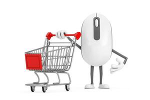 Computer Mouse Cartoon Person Character Mascot with Shopping Cart Trolley. 3d Rendering photo