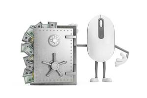 Computer Mouse Cartoon Person Character Mascot with Vault or Safe Box Full of Dollar Bills. 3d Rendering photo