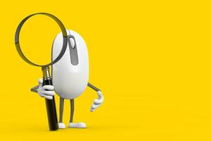 Computer Mouse Cartoon Person Character Mascot with Magnifying Glass. 3d Rendering photo