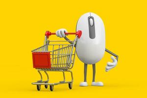 Computer Mouse Cartoon Person Character Mascot with Shopping Cart Trolley. 3d Rendering photo