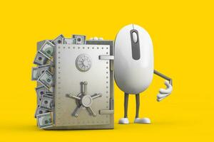 Computer Mouse Cartoon Person Character Mascot with Vault or Safe Box Full of Dollar Bills. 3d Rendering photo