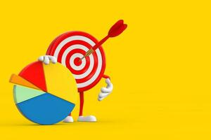 Archery Target and Dart in Center Cartoon Person Character Mascot with Info Graphics Business Pie Chart. 3d Rendering photo
