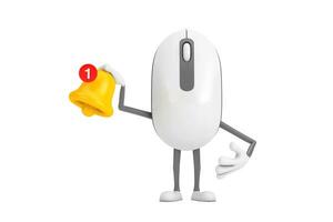 Computer Mouse Cartoon Person Character Mascot witn Cartoon Social Media Notification Bell and New Message Icon. 3d Rendering photo