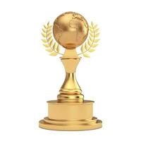 dorado premio trofeo con dorado tierra globo y laurel guirnalda. 3d representación foto