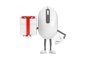 Computer Mouse Cartoon Person Character Mascot and Gift Box with Red Ribbon. 3d Rendering photo