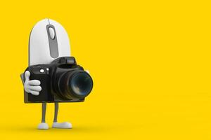 Computer Mouse Cartoon Person Character Mascot with Modern Digital Photo Camera. 3d Rendering