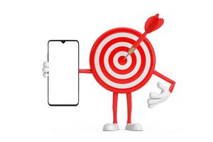 Archery Target and Dart in Center Cartoon Person Character Mascot and Modern Mobile Phone with Blank Screen for Your Design. 3d Rendering photo