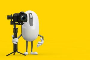 Computer Mouse Cartoon Person Character Mascot with DSLR or Video Camera Gimbal Stabilization Tripod System. 3d Rendering photo