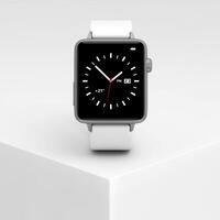 White Modern Smart Watch Mockup on a White Product Presentation Podium Cube. 3d Rendering photo