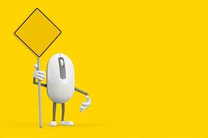 Computer Mouse Cartoon Person Character Mascot and Yellow Road Sign with Free Space for Yours Design. 3d Rendering photo