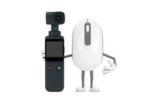 Computer Mouse Cartoon Person Character Mascot with Pocket Gimbal Action Camera. 3d Rendering photo