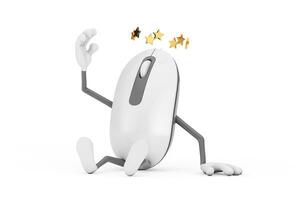 Seated Computer Mouse Cartoon Person Character Mascot with Stars Around Head. 3d Rendering photo