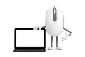 Computer Mouse Cartoon Person Character Mascot with Modern Laptop Computer Notebook and Blank Screen for Your Design. 3d Rendering photo