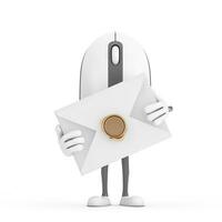 Computer Mouse Cartoon Person Character Mascot with White Blank Envelope. 3d Rendering photo