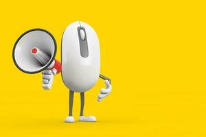 Computer Mouse Cartoon Person Character Mascot with Red Retro Megaphone. 3d Rendering photo