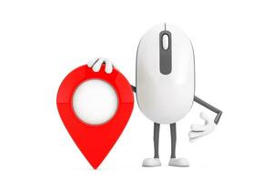 Computer Mouse Cartoon Person Character Mascot with Red Target Map Pointer Pin. 3d Rendering photo