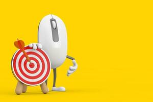 Computer Mouse Cartoon Person Character Mascot with Archery Target and Dart in Center. 3d Rendering photo