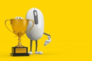 Computer Mouse Cartoon Person Character Mascot with Golden Award Trophy. 3d Rendering photo