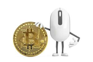 Computer Mouse Cartoon Person Character Mascot with Cryptocurrency Golden Bitcoin Coin . 3d Rendering photo