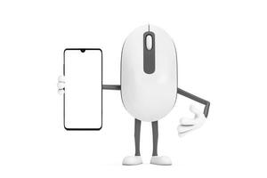 Computer Mouse Cartoon Person Character Mascot and Modern Mobile Phone with Blank Screen for Your Design. 3d Rendering photo