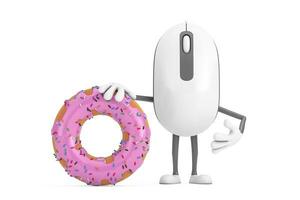 Computer Mouse Cartoon Person Character Mascot with Big Strawberry Pink Glazed Donut. 3d Rendering photo