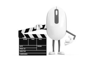 Computer Mouse Cartoon Person Character Mascot with Movie Clapper Board. 3d Rendering photo