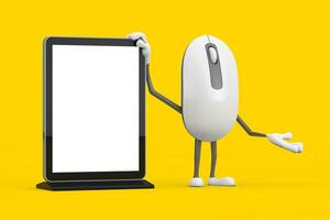 computadora ratón dibujos animados persona personaje mascota con blanco comercio espectáculo lcd pantalla monitor estar como modelo para tu diseño. 3d representación foto