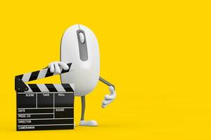 Computer Mouse Cartoon Person Character Mascot with Movie Clapper Board. 3d Rendering photo