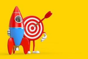 Archery Target and Dart in Center Cartoon Person Character Mascot with Cartoon Toy Rocket. 3d Rendering photo