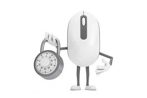 Computer Mouse Cartoon Person Character Mascot with Silver Combination Padlock. 3d Rendering photo